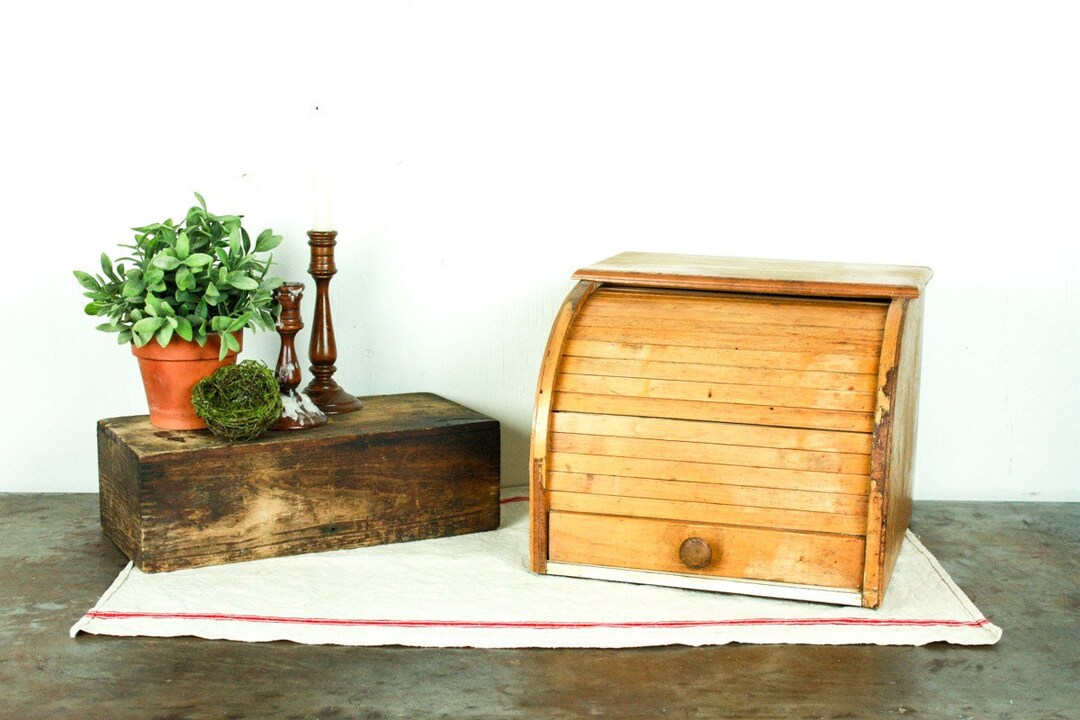 Vintage Roll Top Bread Box Wood Breadbox Primitive Farmhouse Etsy