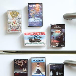 vintage 1980's 1990's and 2000's
 rock band cassette tapes turned refrigerator art magnet