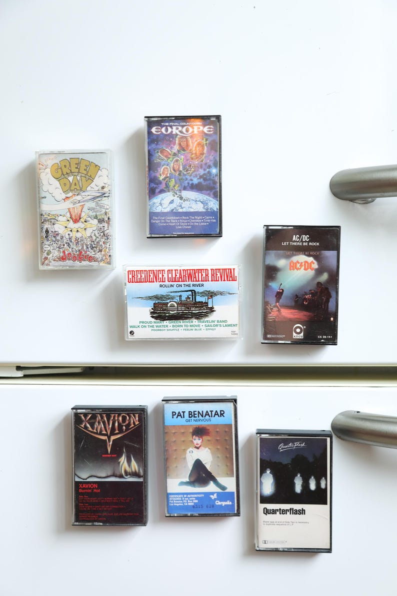 vintage 1980's 1990's and 2000's
 rock band cassette tapes turned refrigerator art magnet