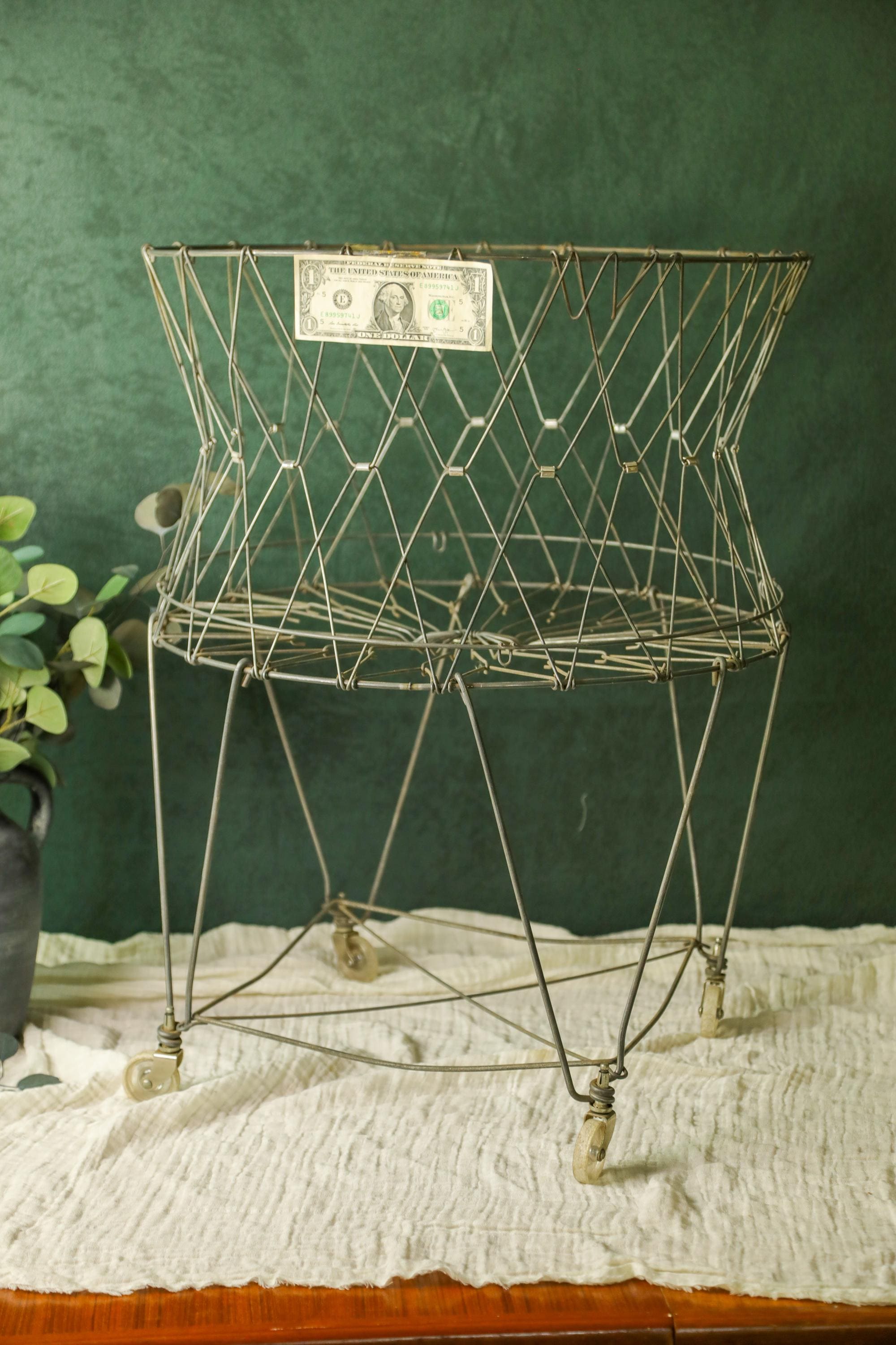 Vintage Laundry Cart, Collapsible Wire Laundry Basket Storage, Mid