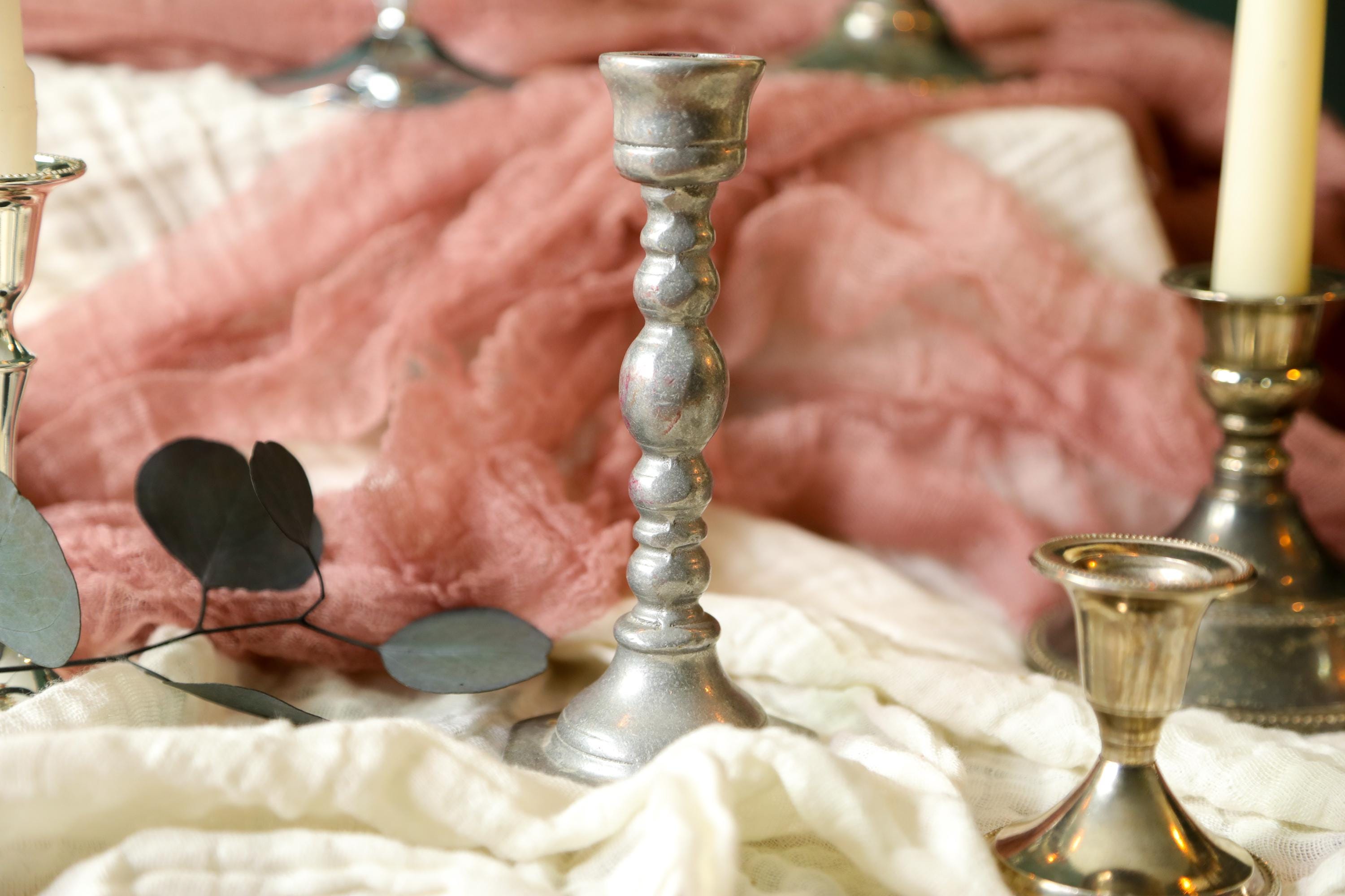 5 Vintage Silver Candle Holder Set, Wedding Candlestick