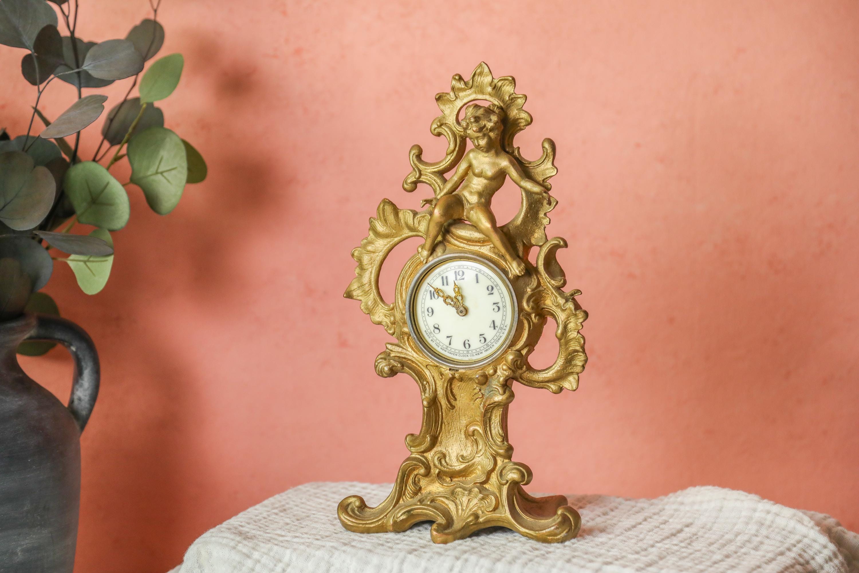 Vintage Mantel Clock, New Haven Clock Co, Antique Rococo Clock