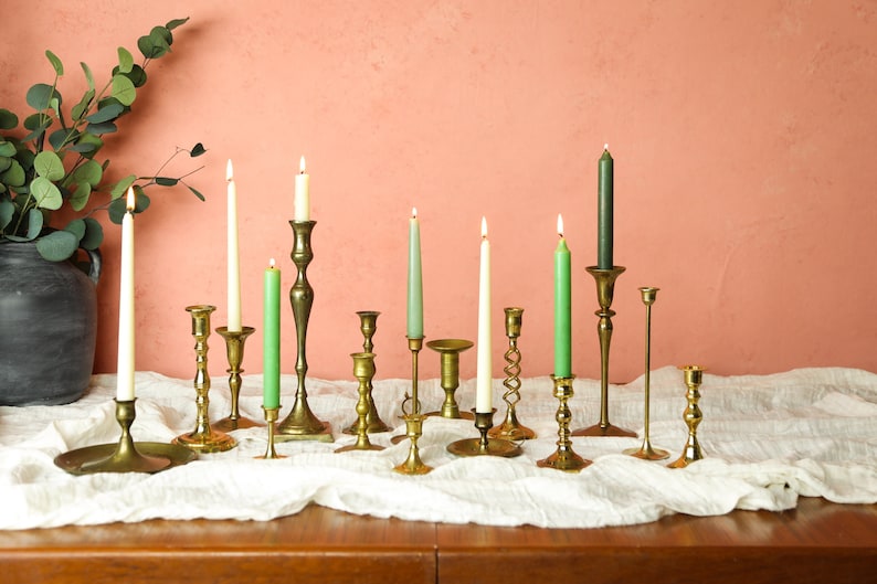 5 Vintage Brass Candlesticks Set, Gold Wedding Candle Holders, Graduated Candlesticks Antique, Mid Century Candlestick Holder Bulk, 1257 image 1