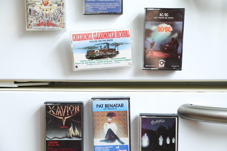 vintage 1980's 1990's and 2000's
 rock band cassette tapes turned refrigerator art magnet