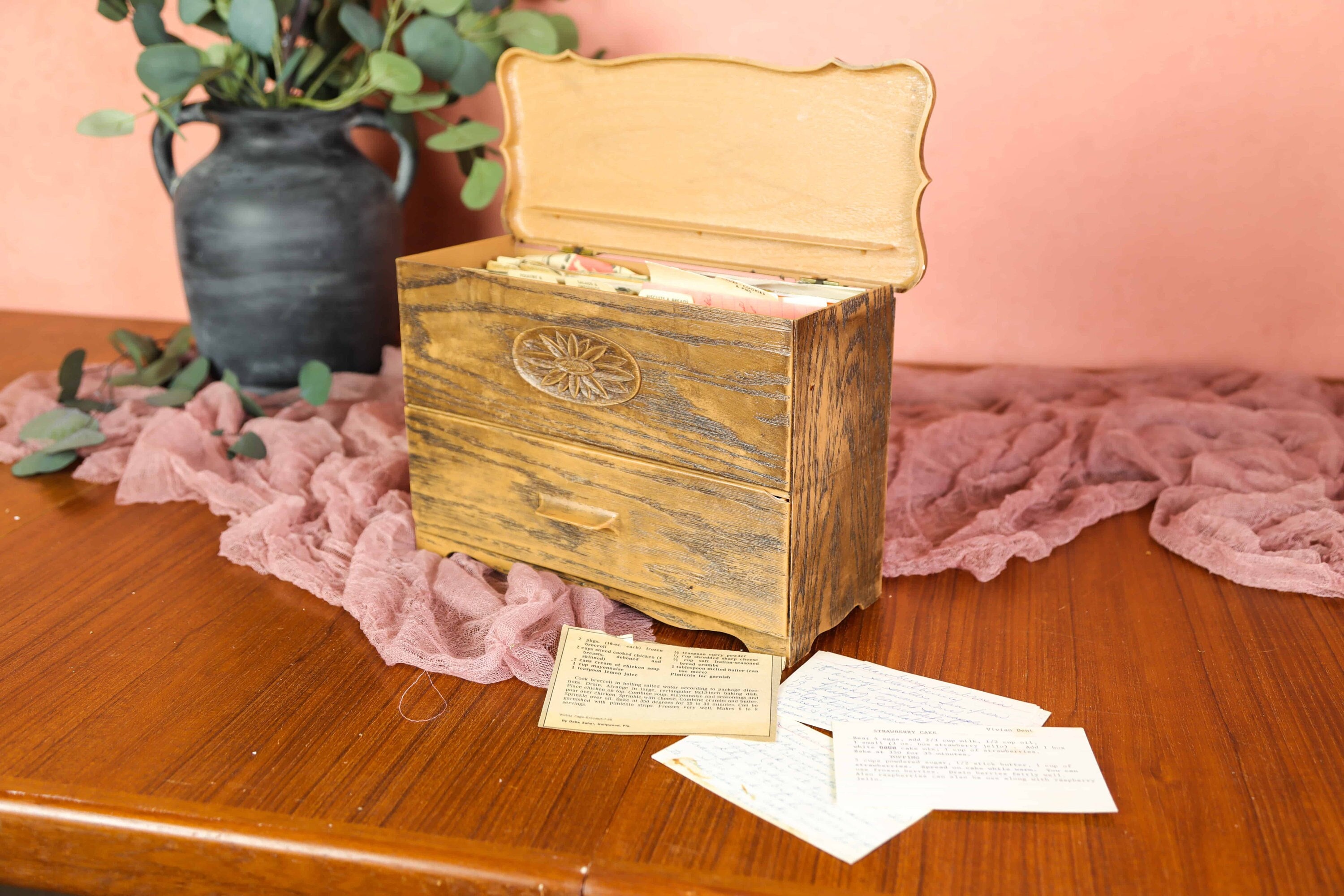 Vintage Recipe Box With Recipes, Large Recipe Box, Recipe Box With