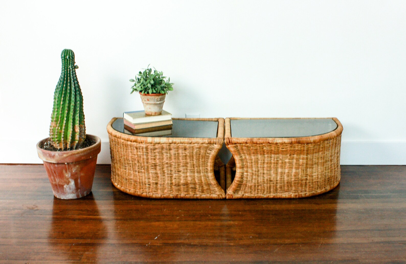 Vintage Wicker End Tables Glass Top Coffee Tables Brown Etsy