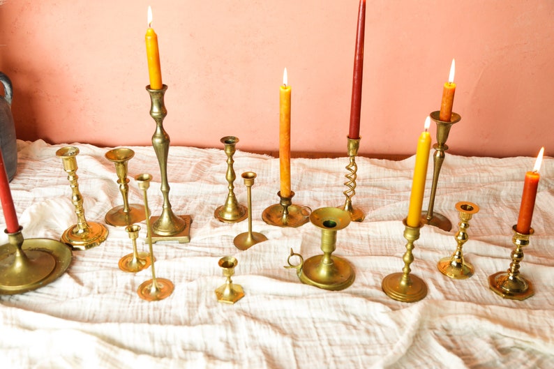 5 Vintage Brass Candlesticks Set, Gold Wedding Candle Holders, Graduated Candlesticks Antique, Mid Century Candlestick Holder Bulk, 1257 image 5