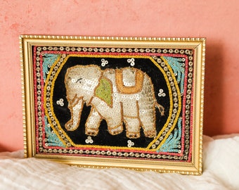 Vintage Elephant Artwork, Sequin Art, Boho Elephant Decorations, Bohemian Wall Art, MCM Art for Shelf, Jeweled Art for Gallery Wall, 2509