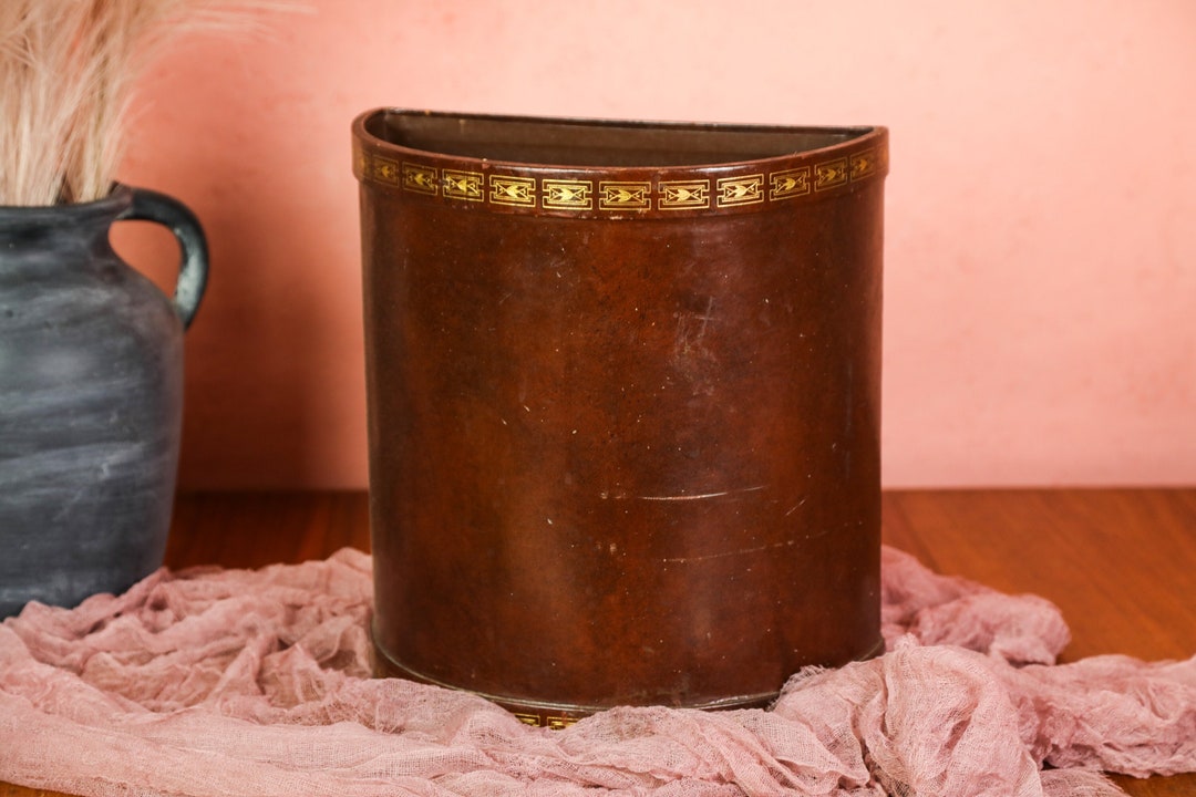 Vintage Leather Trash Can for Bedroom, Mid Century Trash Can for Office