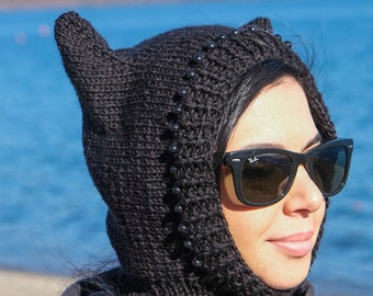 Cat balaclava for girl hand knit with beads