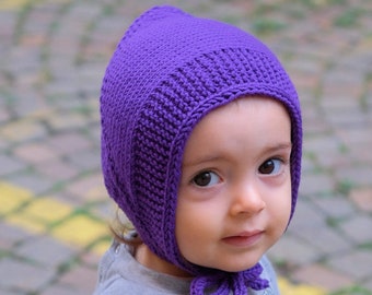 Purple bonnet for girl hand knit with pure new wool
