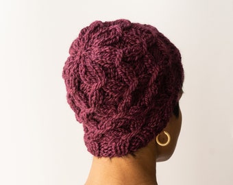 Wine red wool beanie hand knit for women