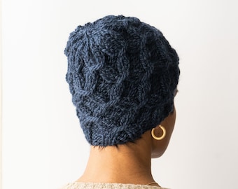 Blue beanie hand knit for woman