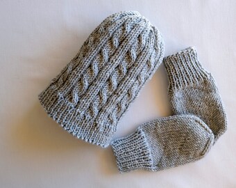 Grey cabled beanie and mitts hand knit for baby and toddler
