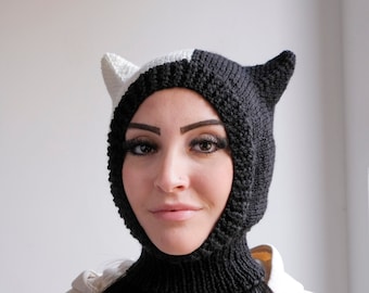 Black and white cat balaclava hand knit for girls