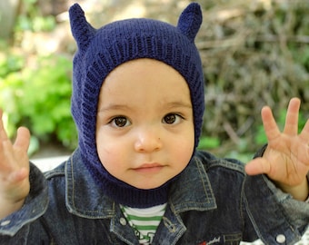 Cat ear balaclava for children hand knit with navy blue merino wool and acrylic