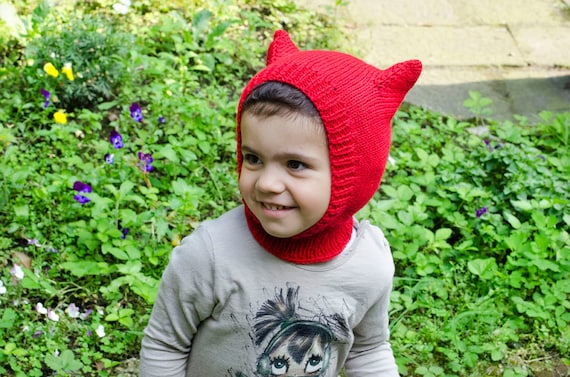 Girl balaclava hand knit with red wool