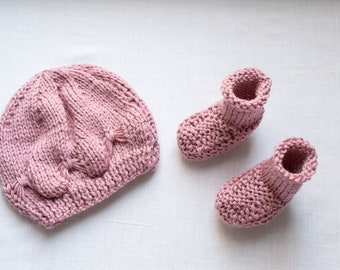 Newborn hand knit rose “butterfly” beanie and stay-on socks