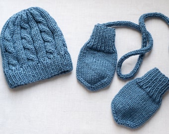 Baby hand knit blue cabled beanie and mitts for 6-12 months old