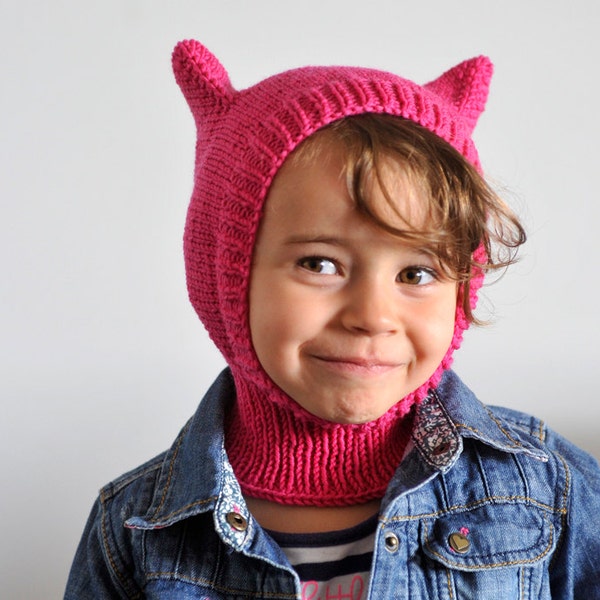 Cat pink balaclava hand knit for girls