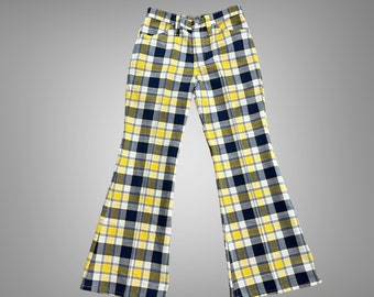 Vintage 60s Maverick Plaid Bell Bottoms, Pants, Jeans, 30X30, Bellbottoms, Flare Leg, Navy Yellow Plaid, Hip Huggers, 1960s, Nice Condition