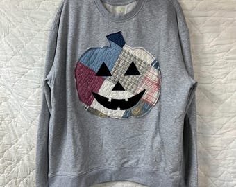 Vintage Quilty Pumpkin Pullover Sweatshirt, Large, Gray, Patchwork, Reworked, Halloween, Autumn, Hippie, Applique, Quilt