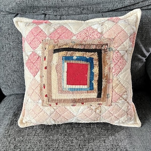 Vintage Quilted Pillow: 1800&#39;s Quilt Piece, Tattered Autumn Decor