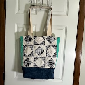 Vintage Quilt Tote Bag, 17x17, Lined w/ Vintage Cotton Fabric, Denim Bottom, One Inside Pocket, Up-cycled Quilt, Beach Bag