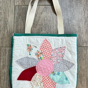 Vintage Lined Quilt Tote Bag: Up-cycled Large Flower Design, Handmade Carryall image 1