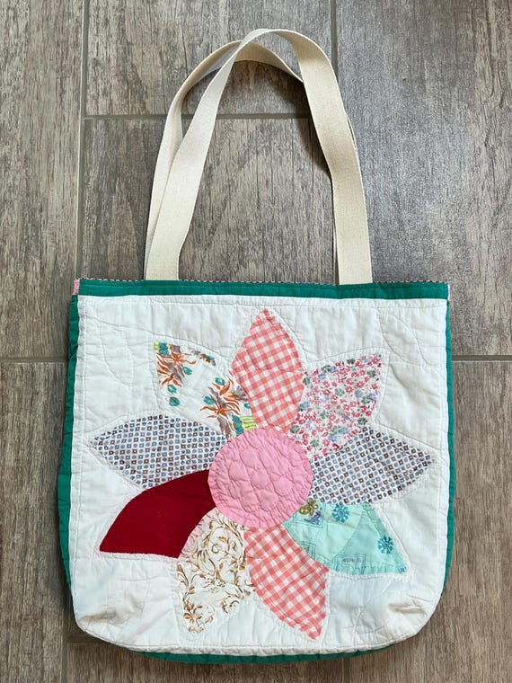 Vintage Lined Quilt Tote Bag: Up-cycled Large Flower Design, Handmade Carryall