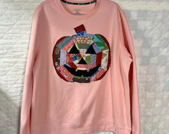 Vintage Quilty Pumpkin Pullover Sweatshirt, XXL, Peach, Patchwork, Reworked, Halloween, Autumn, Hippie, Applique, Quilt