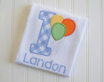 1st Birthday Shirt Boy, Blue Gingham Balloon Applique