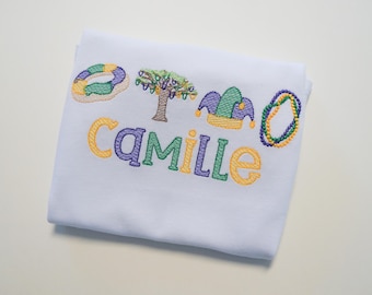Top de Mardi Gras personalizado, pastel de rey, sombrero de bufón, bordado de cuentas