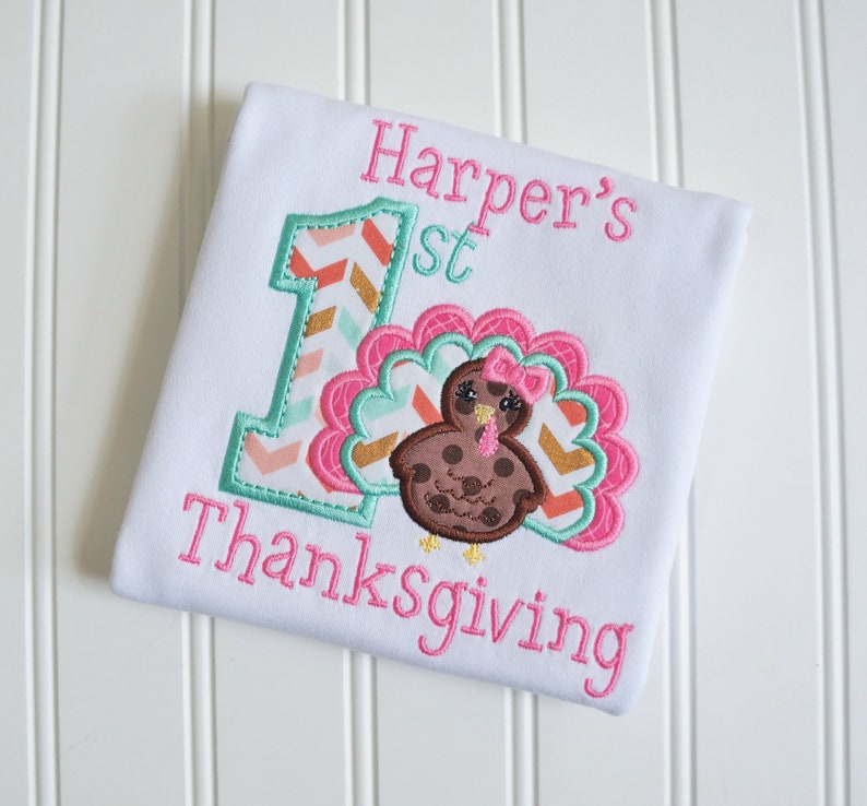May include: A white onesie with pink and green embroidery. The onesie says "Harper's 1st Thanksgiving" with a number one and a turkey.