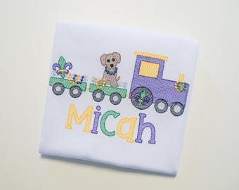 Top de Mardi Gras personalizado con diseño de boceto vintage con tren, tractor, perro y flor de lis