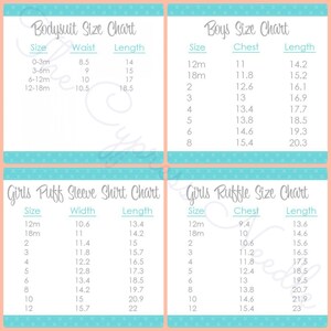 May include: A chart with size information for baby clothing. The chart includes sizes for bodysuits, puff sleeve shirts, and ruffle shirts. The chart is divided into four sections, each with a different type of clothing. The chart includes measurements for waist, chest, width, and length. The measurements are in inches.