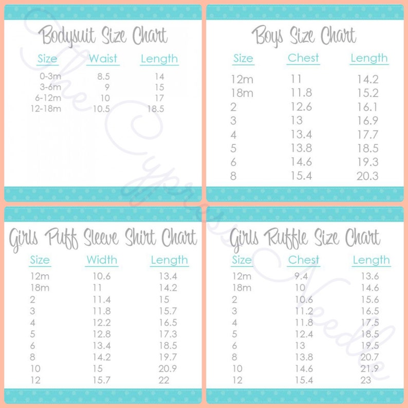May include: A chart with size information for baby clothing. The chart includes sizes for bodysuits, puff sleeve shirts, and ruffle shirts. The chart is divided into four sections, each with a different type of clothing. The chart includes measurements for waist, chest, width, and length. The measurements are in inches.
