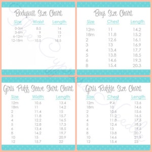 May include: A chart with size guides for baby clothing. The chart includes sizes for bodysuits, puff sleeve shirts, and ruffle shirts. The chart lists sizes in months and inches.