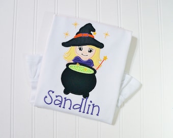 Embroidered Girl's Halloween Witch Shirt, Personalized Cauldron Top