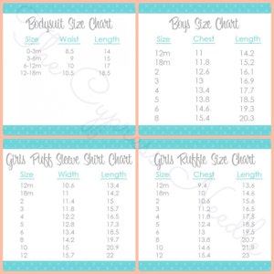 May include: A chart with size information for baby clothing. The chart includes sizes for bodysuits, puff sleeve shirts, and ruffle shirts. The chart is divided into four sections, each with a different type of clothing. The chart includes measurements for waist, chest, width, and length. The measurements are in inches.