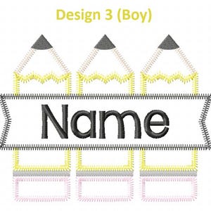 May include: Three yellow pencils with black tips and a black banner with the word "Name" in black text.