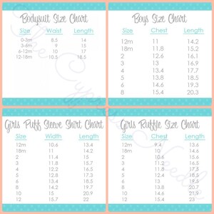 May include: A chart with size guides for baby clothing. The chart includes sizes for bodysuits, puff sleeve shirts, and ruffle shirts. The chart lists sizes in months and inches.
