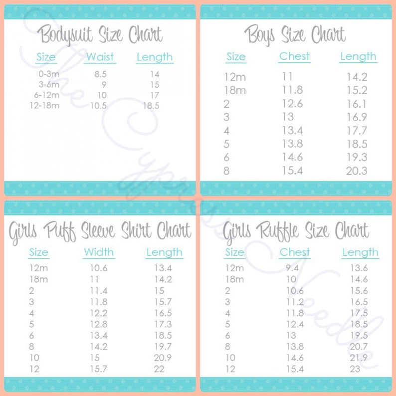 May include: A chart with size guides for baby clothing. The chart includes sizes for bodysuits, puff sleeve shirts, and ruffle shirts. The chart lists sizes in months and inches.