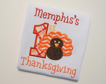 Embroidered First Thanksgiving Turkey Shirt, Custom Baby Boy Outfit