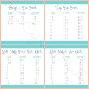 Op de afbeelding: Een tabel met maatgegevens voor babykleding. De tabel bevat maten voor rompers, shirts met pofmouwen en rucheshirts. De tabel is verdeeld in vier secties, elk met een ander type kleding. De tabel bevat metingen voor taille, borst, breedte en lengte. De metingen zijn in inches.