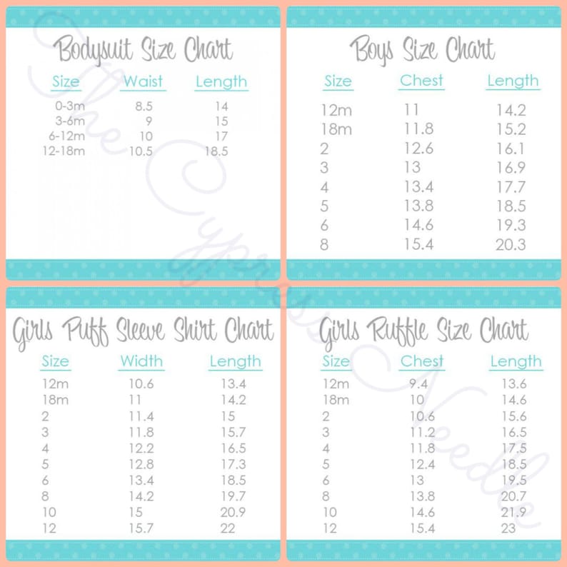 Op de afbeelding: Een tabel met maatgegevens voor babykleding. De tabel bevat maten voor rompers, shirts met pofmouwen en rucheshirts. De tabel is verdeeld in vier secties, elk met een ander type kleding. De tabel bevat metingen voor taille, borst, breedte en lengte. De metingen zijn in inches.