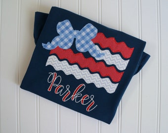 Girls Patriotic Applique Shirt, Red White Blue Bow Tee