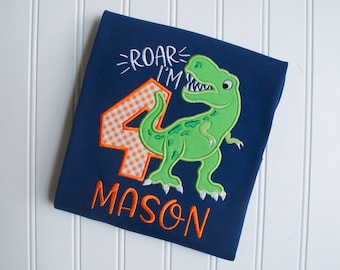 Camiseta de cumpleaños con bordado de dinosaurio, top con aplique de T-Rex personalizado.