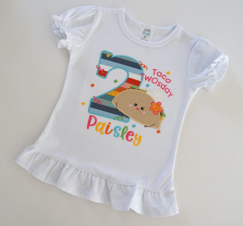 Girl's Taco TWOsday Birthday Shirt, Fiesta Party Top Short Sleeve Ruffle