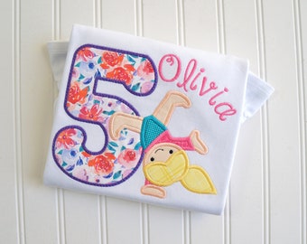 Gymnastics Birthday Shirt, Floral Number, Custom Embroidered Top